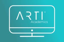 ARTI Academics logo on a line art computer screen with a blue background