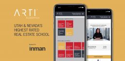 Two iphone screens displaying the ARTI Academics Free Real Estate School app