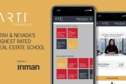 Two iphone screens displaying the ARTI Academics Free Real Estate School app