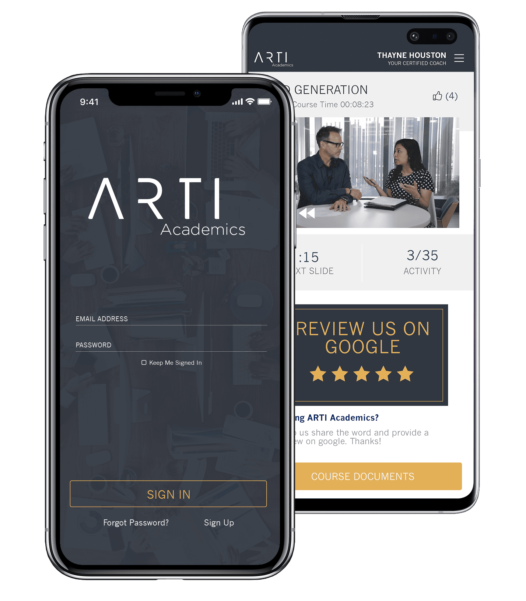 Iphone and Android displaying the ARTI Academic app
